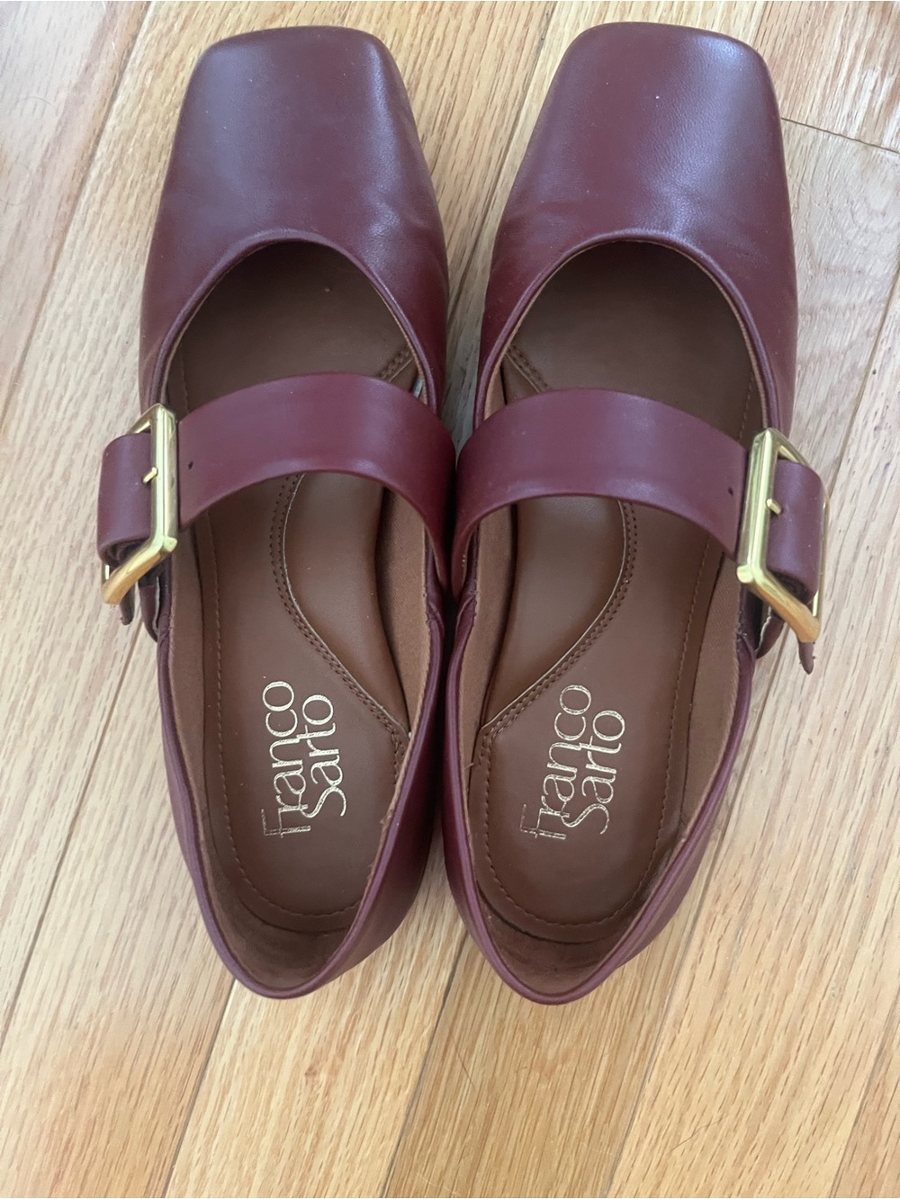 Franco Sarto Deep Burgundy Leather Mary Jane Flats with Gold Buckles